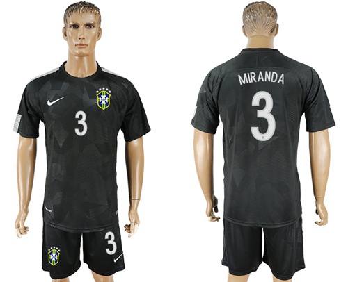 Brazil #3 Miranda Black Soccer Country Jersey